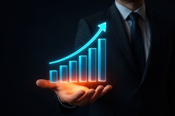 Poster - Financial Growth: A professional in a sharp suit presents a glowing graph of ascending data, symbolizing financial growth and economic advancement.