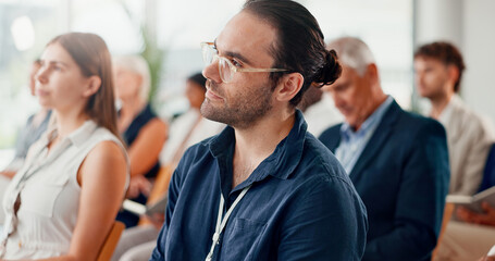 Poster - Conference, audience and man listening to business seminar with employees or team in crowd. Event, feedback and group of people in meeting, presentation or training for corporate career at company