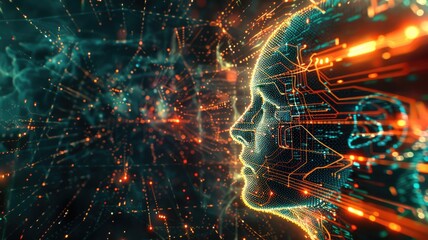 Poster - Abstract art of digital network with glowing nodes and colorful lights. Digital artwork of glowing networking lines. Technology innovation and data visualization concept for wallpaper, banner. AIG53.