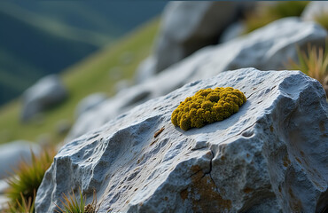 a small patch of lichen grows on the weathered surface of this rocky outcropping in the mountainous 