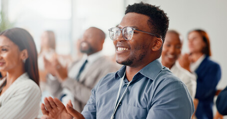 Poster - conference, applause and business people with man, seminar and feedback with success. audience, crow