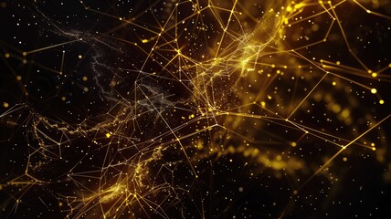 Poster - Abstract picture of golden particle with sparkle atom style design connect and flow show energy dynamic represent connection of star in universe or atom of dust in space with mysterious scene. AIG53.