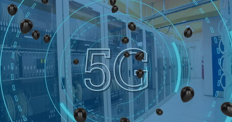 Poster - Image of black balloons and 5g over servers