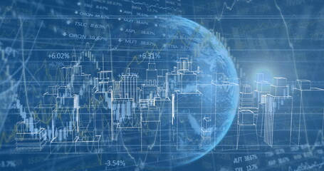 Poster - Image of globe and financial data processing over 3d cityscape drawing