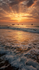 Poster - Golden sunrise over calm ocean, fishing boats silhouetted against vibrant sky, creating a serene and peaceful seascape