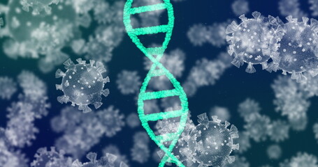 Poster - Image of dna strand spinning and covid 19 cells floating over blue background