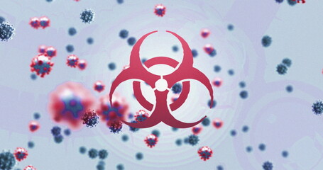 Poster - Image of biohazard sign and covid 19 cells floating over purple background