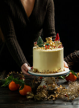 christmas new year decorated cake, dark festive background