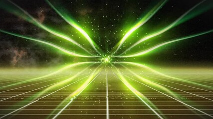Poster - Retro-futuristic energy core emitting glowing green beams over grid floor, particles floating