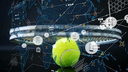 Poster - 3D render tennis ball hovering before racket while transparent digital overlay mapping global data