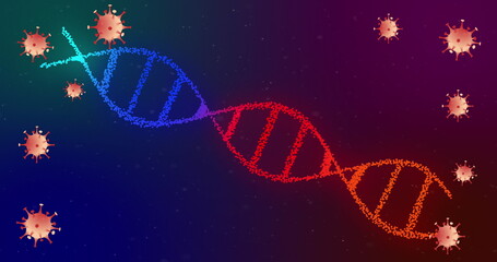 Poster - Displaying vibrant DNA double helix spiraling in abstract space, with stylized virus particles