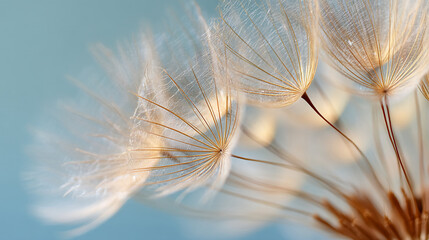 Poster - Close-up of delicate dandelion seed heads with intricate structure and translucent texture set against a soft blue background, symbolizing lightness, fragility, and the fleeting nature of time—ideal f