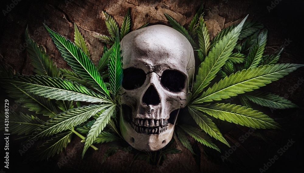 skull and cannabis leaves in grungy abstract Stock Photo