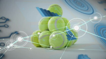 Poster - Pyramid stack of tennis balls getting overlaid with glowing interface lines and blue bar charts