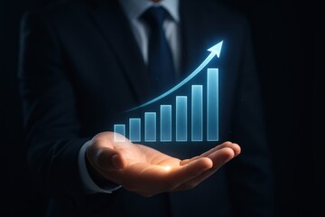 Poster - Growth in Hands: A professional's hand cradles a rising financial graph, symbolizing business advancement and potential. The image captures the concepts of success and financial evolution.