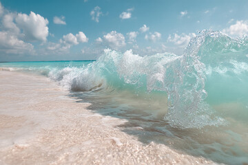 Poster - close-up of turquoise wave breaking on sandy beach, showing water texture and foam, symbolizing sere