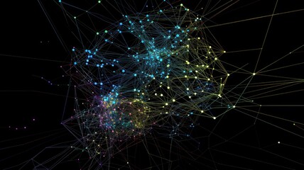 Poster - Abstract digital network with interconnected nodes and lines on a black background. Glowing vibrant color dots and lines connecting together at black background. Futuristic and technology. AIG53.