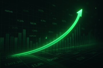 Poster - Financial Ascent: A graphic representation of financial growth and market analysis, with an upward trending arrow over a rising bar graph, symbolizing progress and economic advancement.