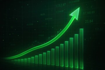 Poster - Market Growth: A striking digital representation of exponential market growth. An upward arrow and vibrant bar graph rise, conveying prosperity and financial gain.