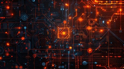 Poster - Glowing orange circuit board with detailed lines and patterns on a dark background. Digital art for design. Abstract image of wireframe or motherboard with glowing color with electronic parts. AIG53.