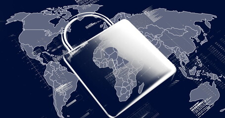 Poster - Image of online security padlock and data processing over world map