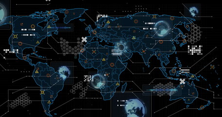 Poster - Image of scopes, markers and data processing over world map