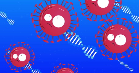 Poster - Floating red virus particle featuring spike proteins in blue background, with DNA helix segments