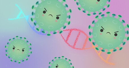 Poster - Floating green virus with angry face drifting in abstract digital space, with colorful DNA helix