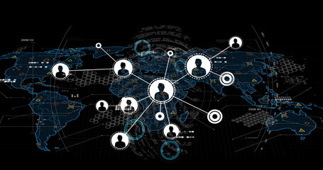 Poster - image of network of connections with people icons, markers and data processing over world map