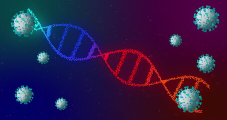 Poster - Twisting DNA helix transitioning color from blue to red in digital space, with virus-like particles