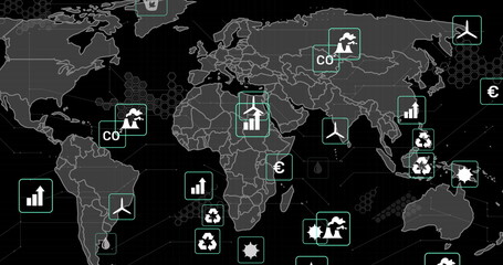 Poster - Image of eco icons, markers and data processing over world map