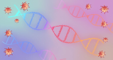 Poster - Displaying gradient DNA helix floating diagonally in digital abstract graphic, with virus particles