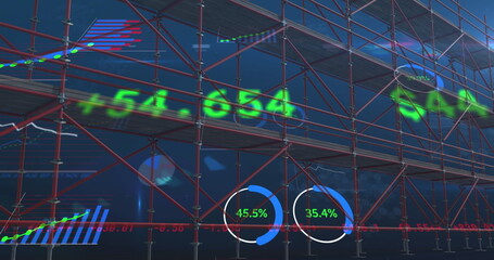Poster - Image of scaffolding, financial data processing and statistics
