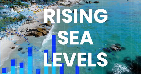 Poster - Image of rising sea levels over financial graph and seascape