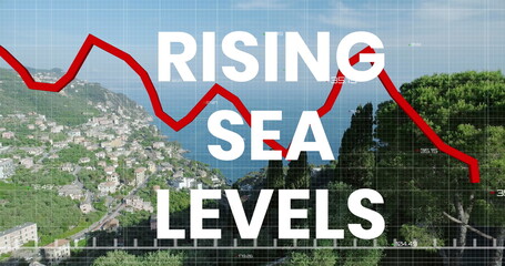 Poster - Image of rising sea levels over financial graph and seascape