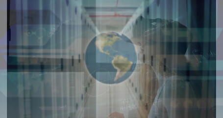 Poster - Image of mathematical equations and globe over server room and caucasian woman using vr headset