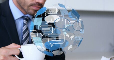 Poster - image of globe with speech bubble over caucasian businessman using laptop