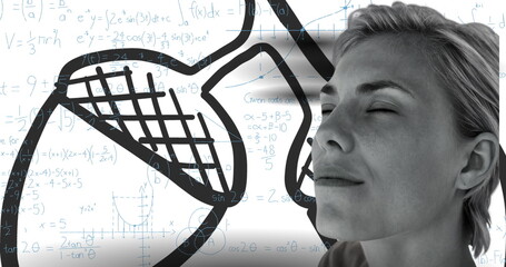 Poster - Image of caucasian woman relaxing on white background with graffiti and math symbols