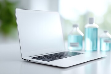 Poster - sleek laptop on clean white desk surrounded by educational tools bathed in natural light