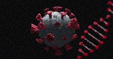 Poster - Image of covid 19 cell and dna strand spinning over black background