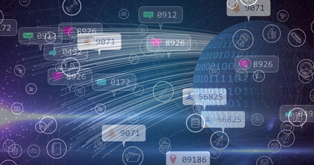 Aufkleber - image of social media icons and numbers over binary coding globe