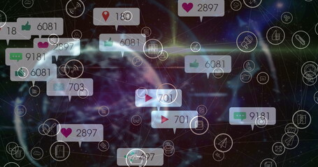 Aufkleber - image of social media icons and numbers over globe