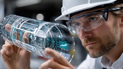 Aufkleber - A man wearing a hard hat and safety glasses is holding a glass tube