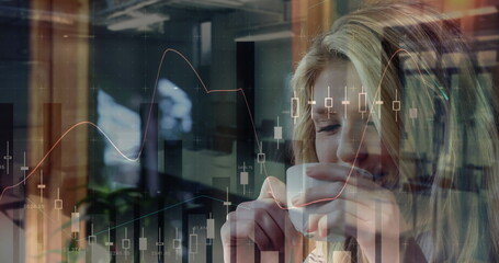 Poster - Image of financial data processing and statistics over caucasian woman drinking coffee