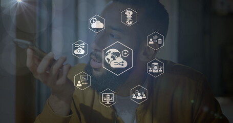Poster - Image of connections with technology icons over biracial man using smartphone