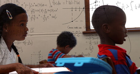 Poster - Image of math formulas over african american children learning at school