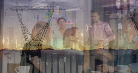 Poster - Image of financial data processing over diverse business people and landscape