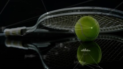 Poster - Tennis racket and ball floating on glossy surface, showing digital network lines and HUD overlays