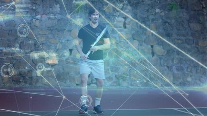 Poster - tennis player holding racket on court, showing sports analytics overlay with network lines nodes