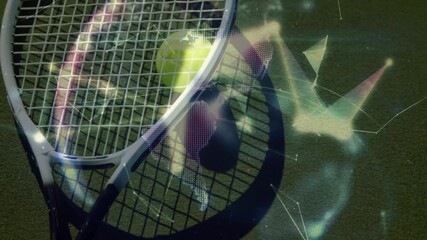Poster - Tennis racket head lying diagonally on green court, showing ball nestling in holographic overlays